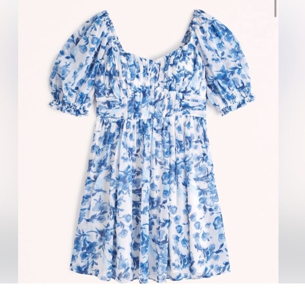 Abercrombie Ruched Ruffle Puff Sleeve Mini Dress Navy Floral Women’s Petite XXS